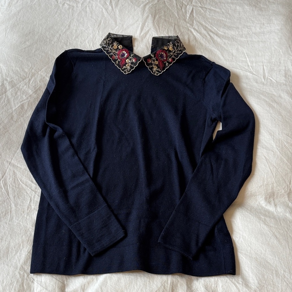 Club Monaco Navy wool Long Sleeve Top with Embroidered Collar